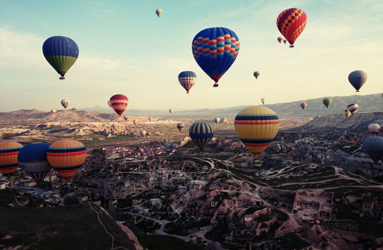 Sustainable Initiatives for Responsible Travel Blogging, a few air balloons above Turkey, with a beautiful sunset